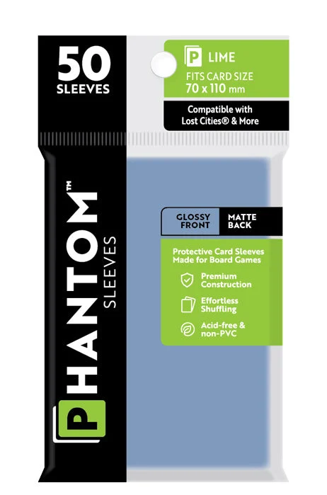 10 Packs Phantom Sleeves: "Lime Size" (70mm x 110mm) - Gloss Matte (50) (Compatible with: Lost Cities and More) Display Case