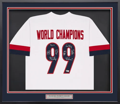1999 Team USA Women's Soccer World Cup Champions Autographed Framed White Jersey With 8 Signatures Including Hamm & Chastain Beckett BAS Witness Stock #265406