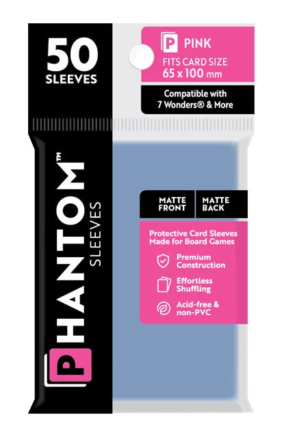 2 Packs Phantom Sleeves: "Pink Size" (65mm x 100mm) - Matte Matte (50) (Compatible with: 7 Wonders and More) Individual Pack
