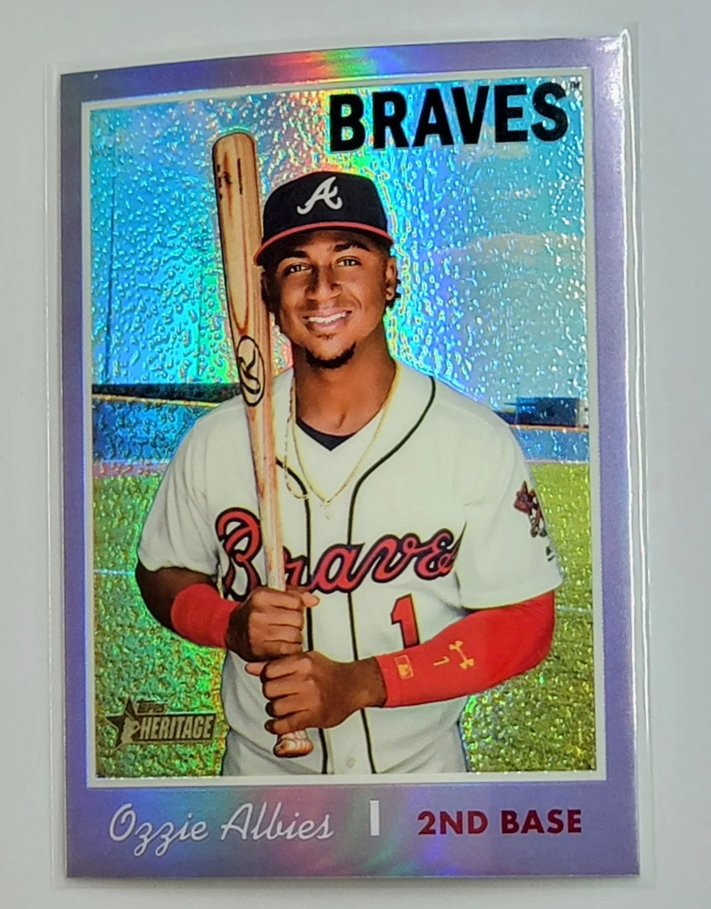 2019 Topps Heritage Ozzie Albies SP Chrome Purple Refractor Atlanta Braves Baseball Card TH1C4