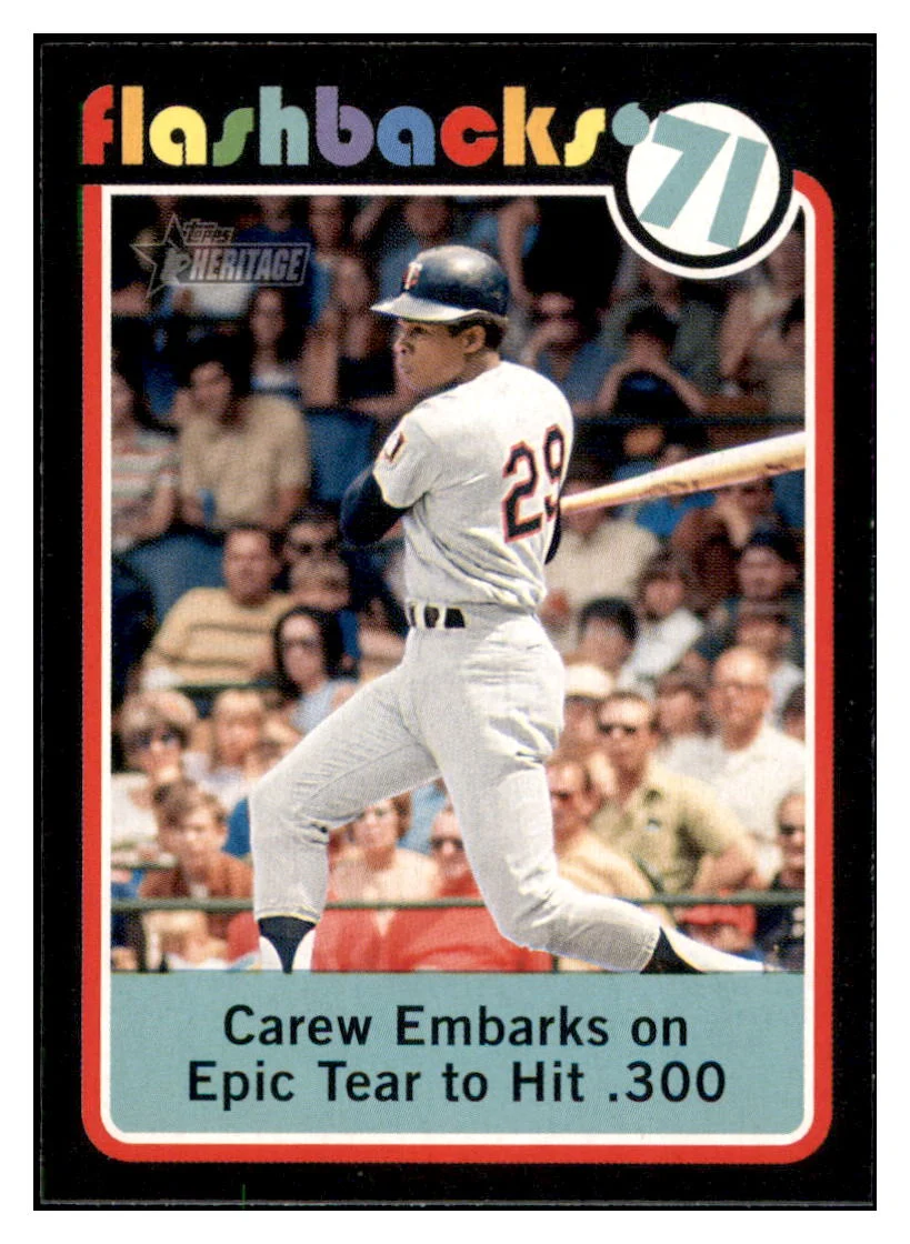 2020 Topps Heritage Carew Embarks on Epic Tear to Hit .300 Baseball Flashbacks '71 Minnesota Twins Baseball Card TMH1A