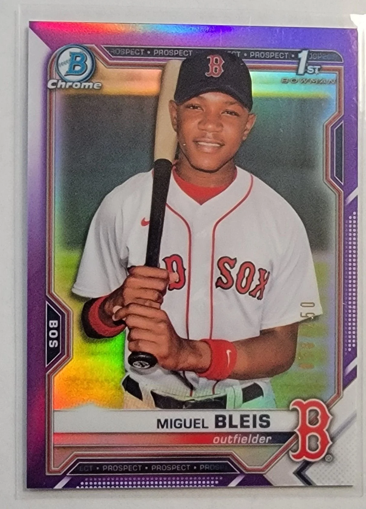 2021 Bowman Chrome Miguel Bleis 1st on Bowman Boston Red Sox Purple Prospect Refractor #'d /250 AVM1