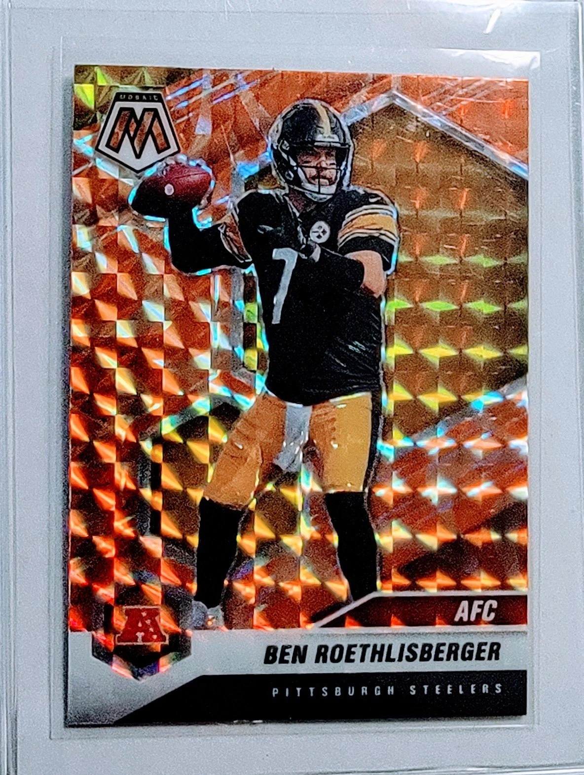 2021 Panini Mosaic Ben Roethlisberger Orange Reactive Refractor Pittsburgh Steelers Football Card AVM1
