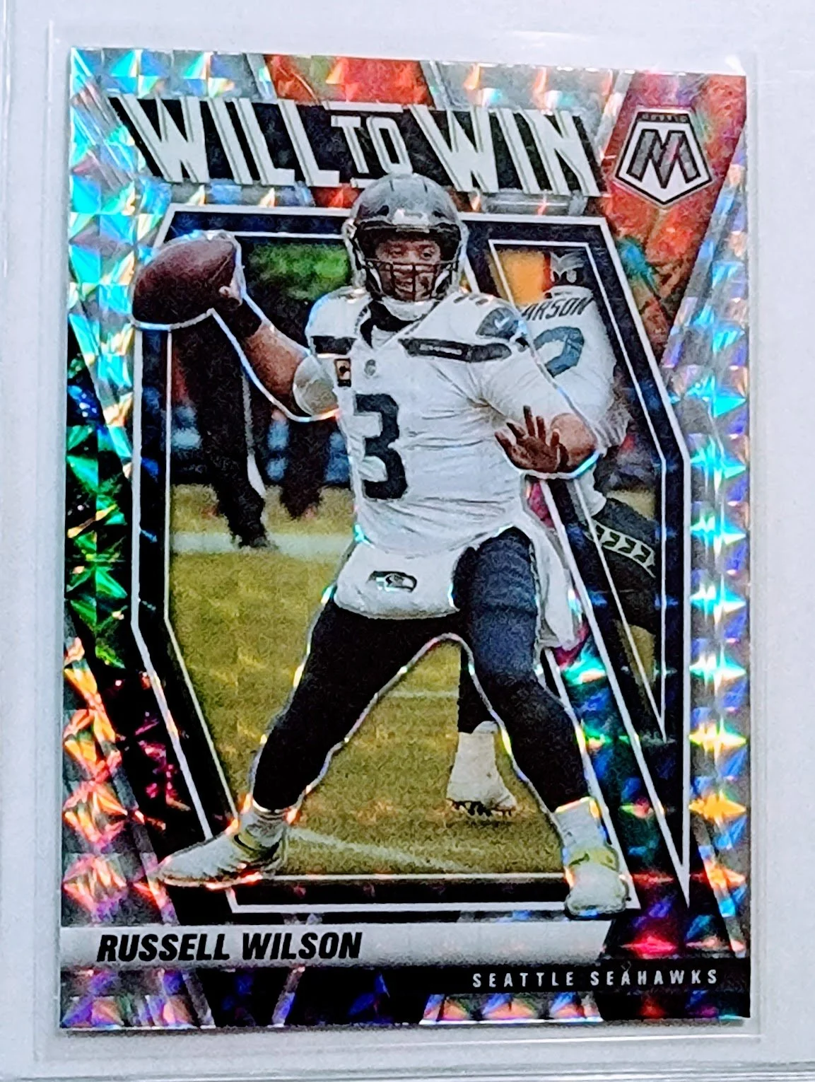 2021 Panini Mosaic Russell Wilson Will to Win Refractor Seattle Seahawks Football Card AVM1