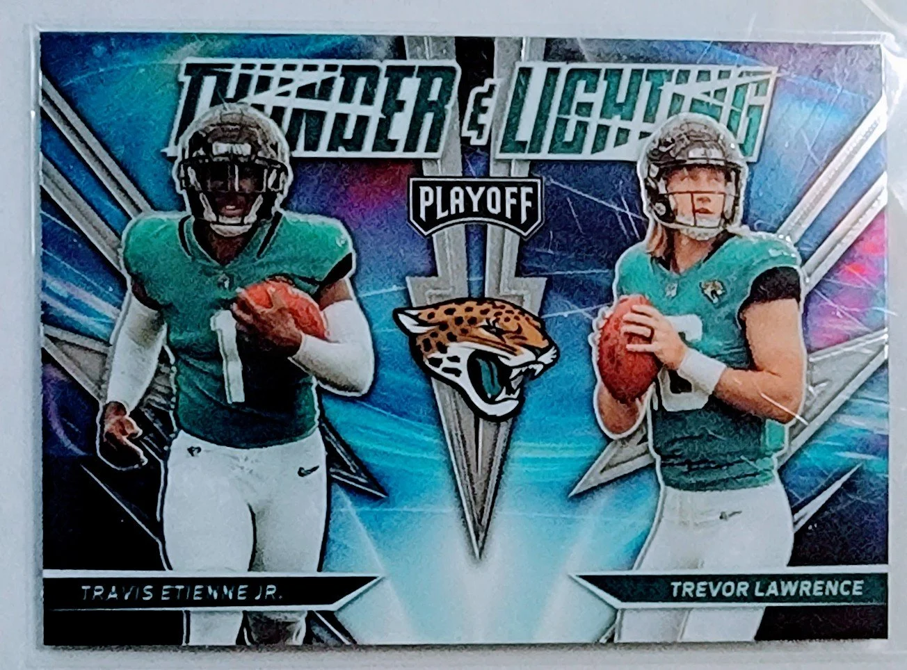 2021 Panini Playoffs Travis Etienne & Trevor Lawrence Thunder & Lightning Jacksonville Jaguars Football Card AVM1