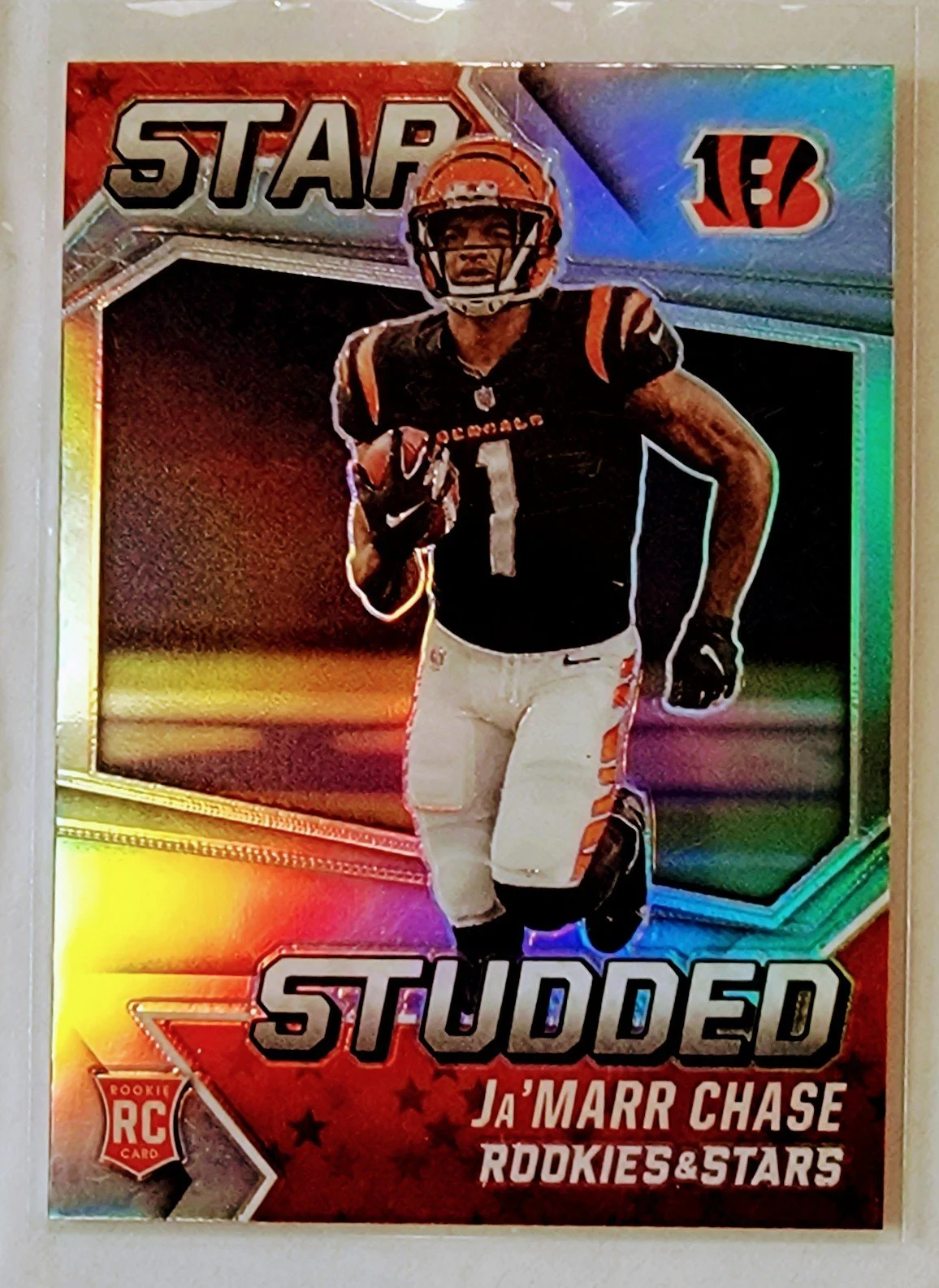 2021 Panini Rookies and Stars Ja'marr Chase Star Studded Silver Prizm Refractor Cincinnati Bengals Football Card AVM1