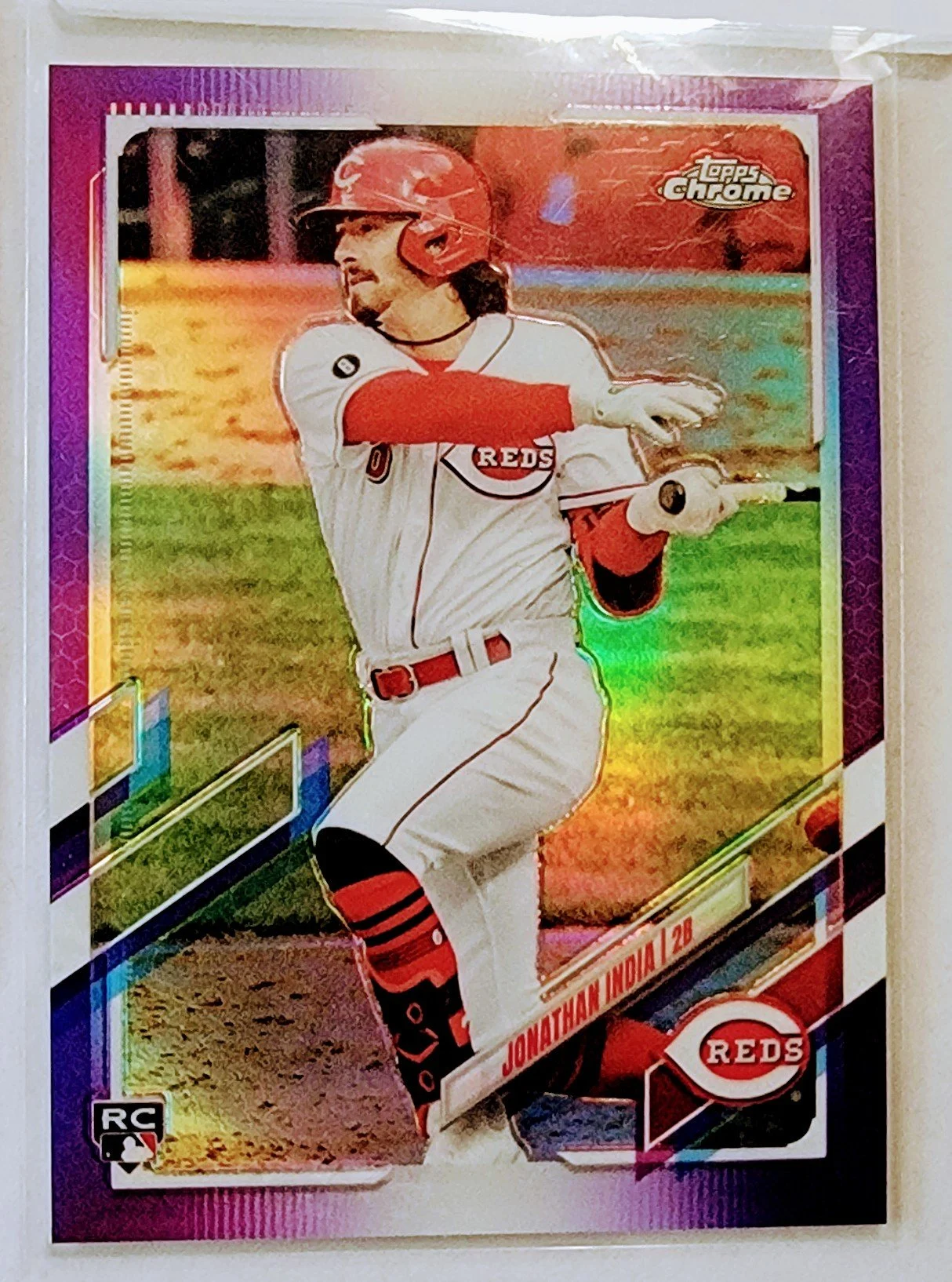 2021 Topps Chrome Update Jonathan India Purple Cincinnati Reds Rookie Refractor Baseball Card AVM1