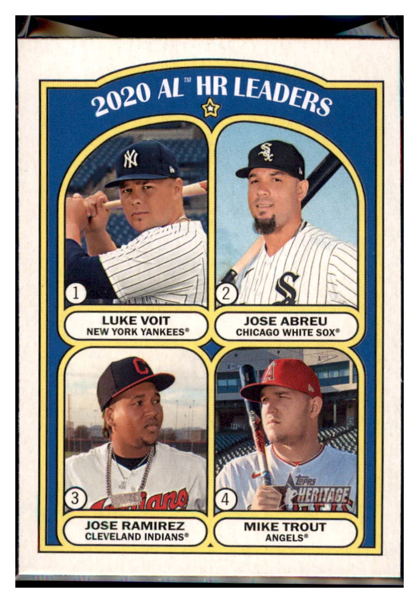2021 Topps Heritage 2020 AL HR Leaders - Mike Trout / Jose Abreu / Jose Ramirez / Luke Voit LL   Los Angeles Angels / Chicago White Sox /Cleveland Indians / New York Yankees Baseball Card GMMGB