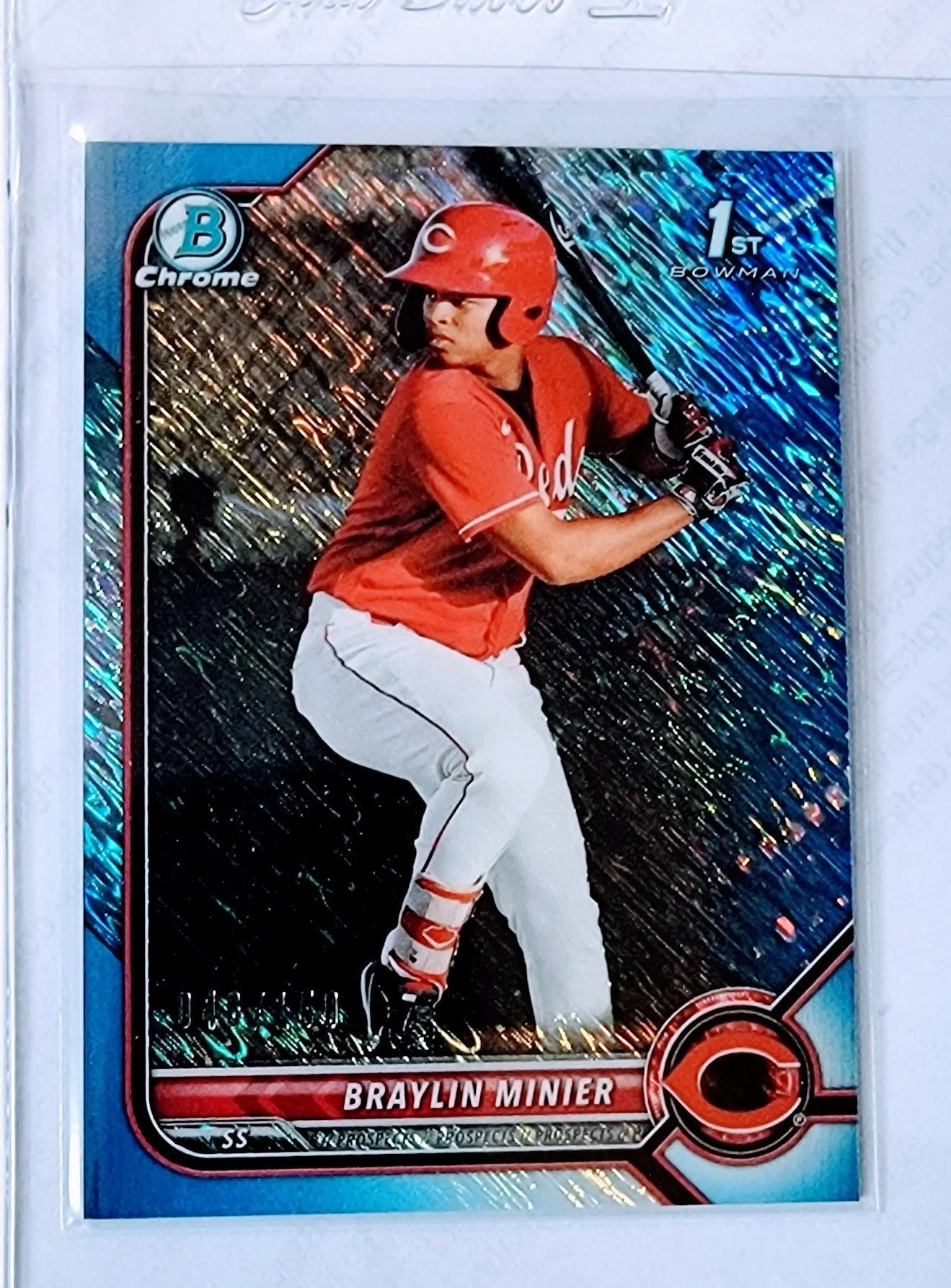 2022 Bowman Chrome Braylin Minier 1st on Bowman Prospect #'d/150 Blue Shimmer Refractor Baseball Trading Card GRB1