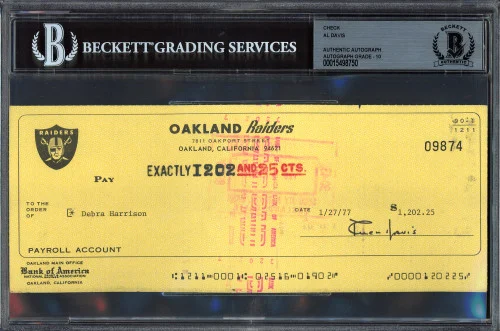 Al Davis Autographed Check Oakland Raiders Owner Auto Grade Gem Mint 10 Beckett BAS #15498750