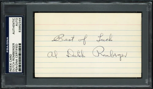 Allen "Dutch" Romberger Autographed 3x5 Index Card Philadelphia A's "Best of Luck" PSA/DNA #83862350