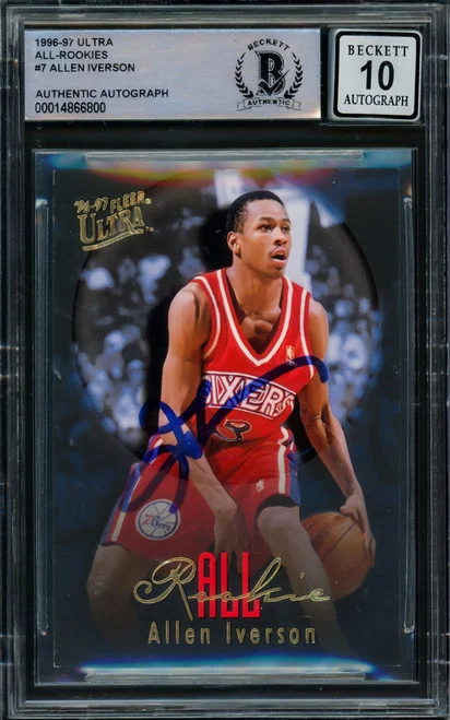 Allen Iverson Autographed 1996-97 Fleer Ultra All Rookie Card #7 Philadelphia 76ers Auto Grade Gem Mint 10 Beckett BAS #14866800