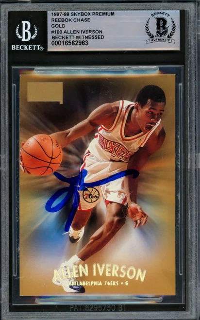 Allen Iverson Autographed 1997-98 Skybox Premium Reebok Gold Card #100 Philadelphia 76ers Beckett BAS Witnessed #16562960