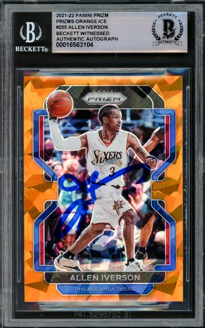Allen Iverson Autographed 2021-22 Panini Prizm Prizms Orange Ice Card #255 Philadelphia 76ers Beckett BAS Witnessed #16563104