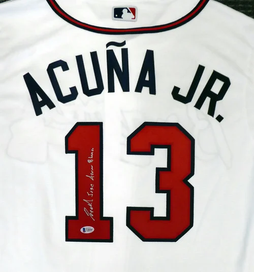 Atlanta Braves Ronald Jose Acuna Blanco Jr. Autographed Majestic Cool Base White Jersey Size L "Full Name" Beckett BAS Stock #190027