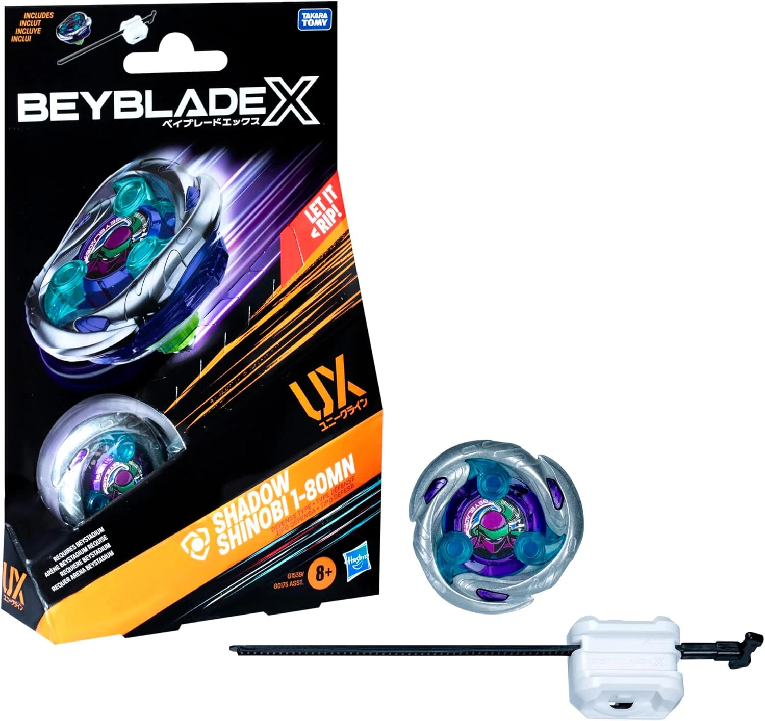 Beyblade X Shadow Shinobi 1-80MN UX Starter Pack Set with Defense Type Top and Launcher; Authentic Takara Tomy Battle Tops Games/Toys for Boys and Girls 8+