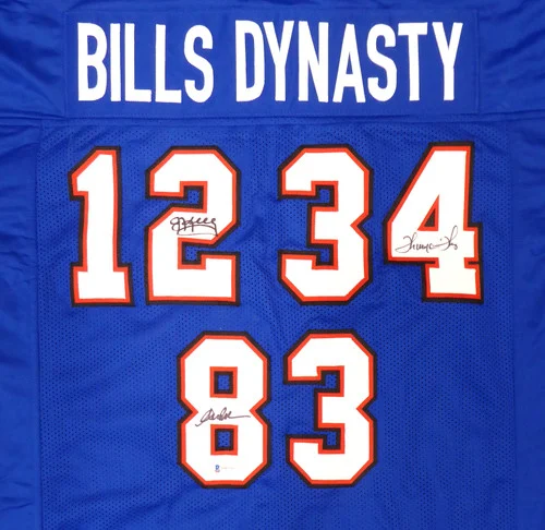 Buffalo Bills Team Greats Autographed Blue Jersey With 3 Signatures Including Jim Kelly, Thurman Thomas & Andre Reed Beckett BAS Stock #191972