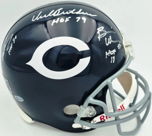 Dick Butkus, Mike Singletary and Brian Urlacher Autographed Chicago Bears Blue Full Size Replica Helmet "HOF" #2/500 Beckett BAS #G05460