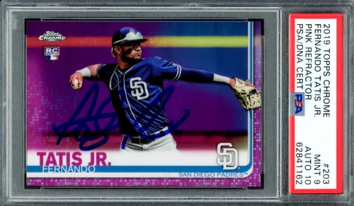 Fernando Tatis Jr. Autographed 2019 Topps Chrome Pink Refractor Rookie Card #203 San Diego Padres PSA 9 Auto Grade Gem Mint 10 PSA/DNA #62841162