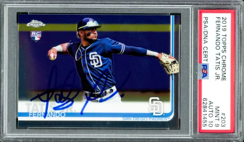 Fernando Tatis Jr. Autographed 2019 Topps Chrome Rookie Card #203 San Diego Padres PSA 9 Auto Grade Gem Mint 10 PSA/DNA Stock #262018
