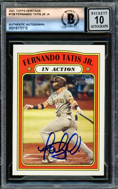 Fernando Tatis Jr. Autographed 2021 Topps Heritage Card #138 San Diego Padres Auto Grade Gem Mint 10 Beckett BAS #16173118