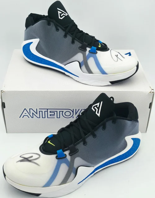 Giannis Antetokounmpo Autographed 2019 Player Exclusive (PE) Promo White Nike Zoom Freak 1 MSCO Shoes Bucks Size 17 Beckett BAS Witness Stock #252759