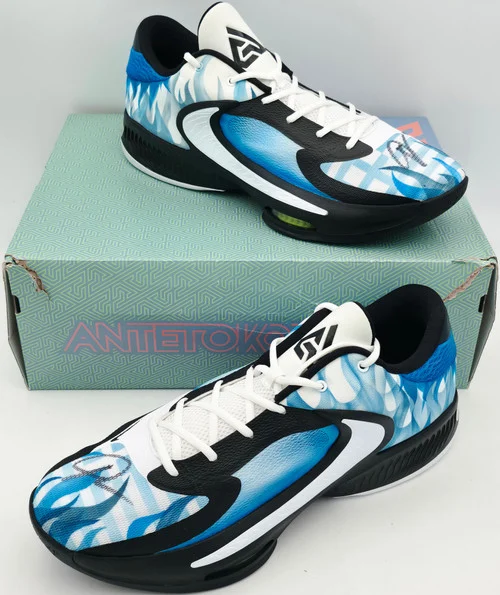 Giannis Antetokounmpo Autographed 2024 Player Exclusive (PE) Promo UConn White Nike Zoom Freak 6 NCAA Shoes Size 17 (No Box) Beckett BAS Witness #3W396931 & #3W396932