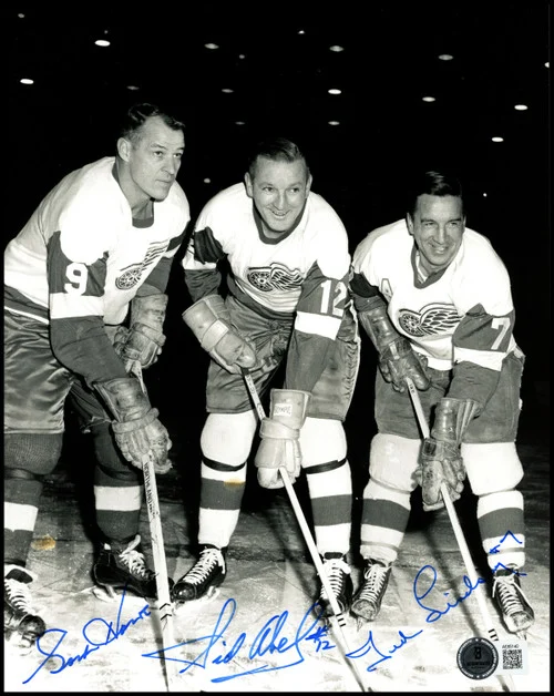 Gordie Howe, Sid Abel, & Ted Lindsay Autographed 8x10 Photo Production Line Beckett BAS #AE85140