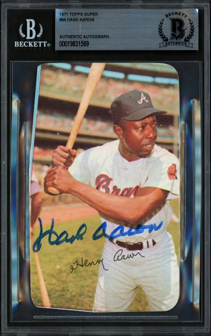 Hank Aaron Autographed 1971 Topps Super Card #44 Atlanta Braves (Miscut) Beckett BAS #19831569