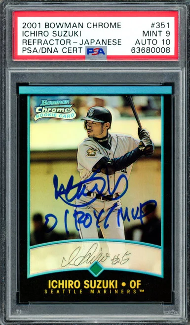 Ichiro Suzuki Autographed 2001 Bowman Chrome Refractor Japanese Rookie Card #351 Seattle Mariners PSA 9 Auto Grade Gem Mint 10 "01 ROY/MVP" PSA/DNA #63680008