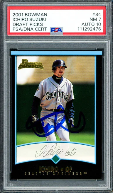 Ichiro Suzuki Autographed 2001 Bowman Draft Picks Rookie Card #84 Seattle Mariners PSA 7 Auto Grade Gem Mint 10 PSA/DNA #111292476