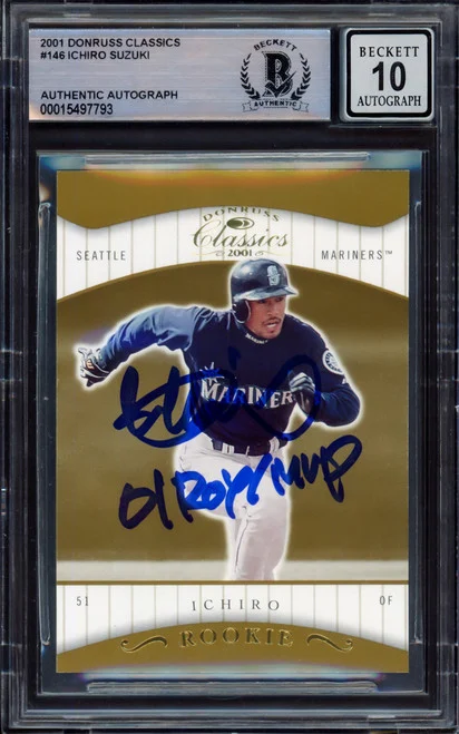 Ichiro Suzuki Autographed 2001 Donruss Classics Rookie Card #146 Seattle Mariners Auto Grade Gem Mint 10 "01 ROY/MVP" #141/585 Beckett BAS #15497793