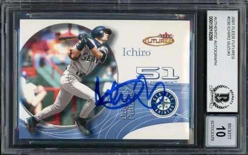 Ichiro Suzuki Autographed 2001 Fleer Futures Rookie Card #230 Seattle Mariners Auto Grade Gem Mint 10 #1698/2499 Beckett BAS #13018298