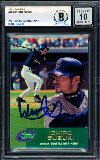 Ichiro Suzuki Autographed 2001 Topps eTopps Rookie Card #100 Seattle Mariners Auto Grade Gem Mint 10 Beckett BAS #17830084