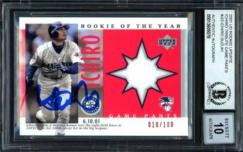 Ichiro Suzuki Autographed 2001 UD Game Used Jersey Card #J-13 Seattle Mariners Auto Grade Gem Mint 10 #10/100 Beckett BAS #13605078
