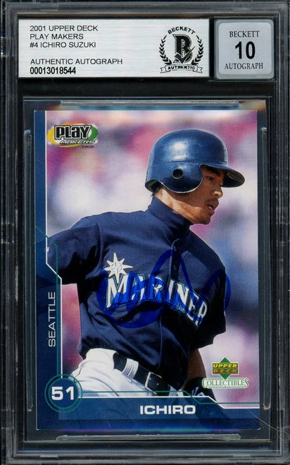Ichiro Suzuki Autographed 2001 Upper Deck Play Makers Rookie Card #4 Seattle Mariners Auto Grade Gem Mint 10 Beckett BAS #13018544