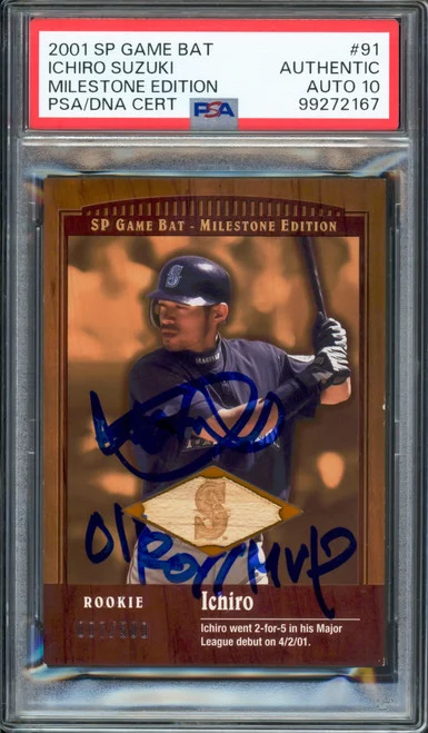 Ichiro Suzuki Autographed 2001 Upper Deck SP Rookie Card #91 Seattle Mariners Auto Grade Gem Mint 10 "01 ROY/MVP" Game Used Bat #7/500 PSA/DNA #99272167