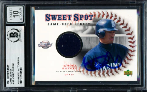 Ichiro Suzuki Autographed 2001 Upper Deck Sweet Spot Game Jersey Rookie Card #J-IS Seattle Mariners Auto Grade Gem Mint 10 Beckett BAS #18283138