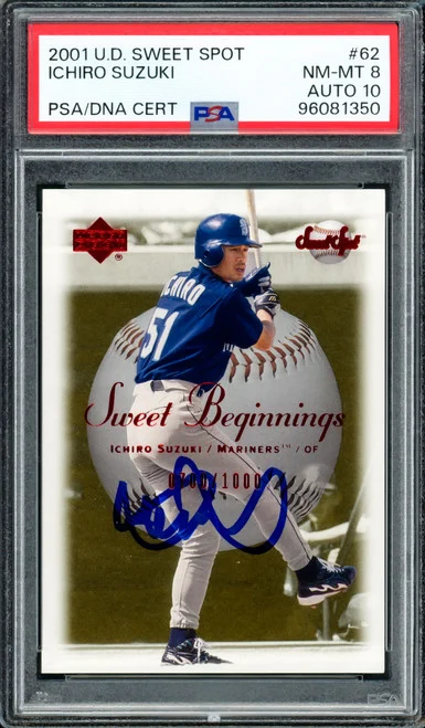 Ichiro Suzuki Autographed 2001 Upper Deck UD Sweet Spot Rookie Card #62 Seattle Mariners PSA 8 Auto Grade Gem Mint 10 #700/1000 PSA/DNA #96091350