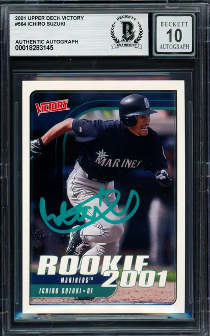 Ichiro Suzuki Autographed 2001 Upper Deck Victory Rookie Card #564 Seattle Mariners Auto Grade Gem Mint 10 Beckett BAS Stock #238926