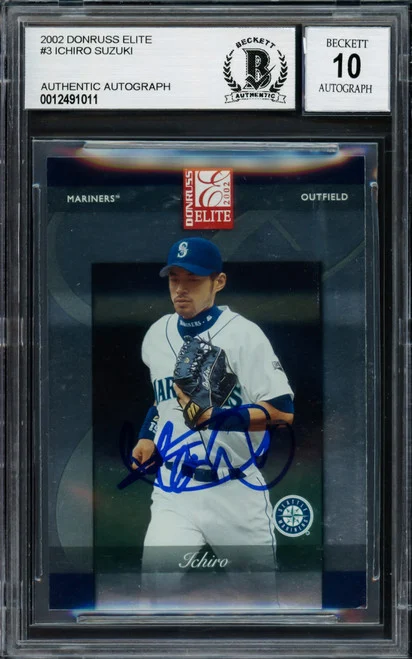 Ichiro Suzuki Autographed 2002 Donruss Elite Card #3 Seattle Mariners Auto Grade Gem Mint 10 Beckett BAS Stock #220247