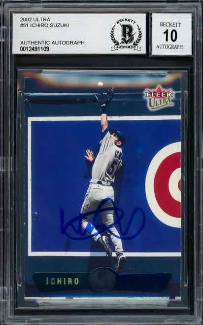 Ichiro Suzuki Autographed 2002 Fleer Ultra Card #51 Seattle Mariners Auto Grade Gem Mint 10 Beckett BAS Stock #220251