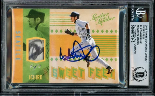 Ichiro Suzuki Autographed 2019 Panini Leather & Lumber Sweet Feet Platinum Blue Card #SF-IS Seattle Mariners Auto Grade Gem Mint 10 With Game Used Relic #1/1 Beckett BAS #16173142
