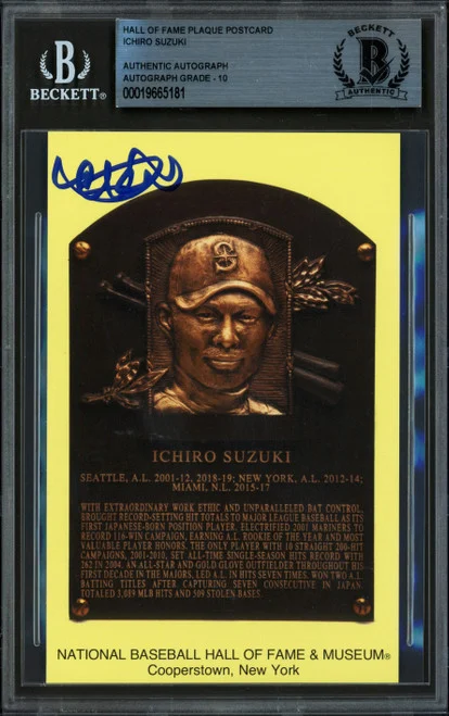 Ichiro Suzuki Autographed Hall of Fame Plaque Postcard Seattle Mariners Auto Grade Gem Mint 10 Beckett BAS Stock #261813