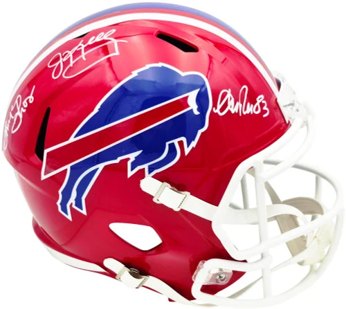 Jim Kelly, Thurman Thomas & Andre Reed Autographed Buffalo Bills Red Full Size Replica Speed Helmet Beckett BAS Witness Stock #256871
