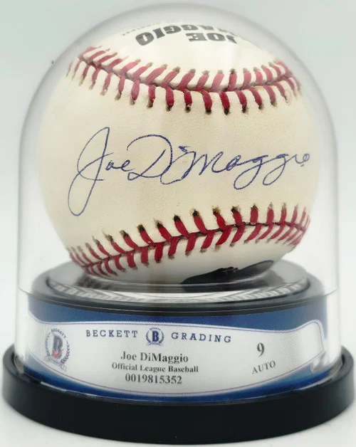 Joe DiMaggio Autographed Official Logo League Baseball New York Yankees Auto Grade Mint 9 Beckett BAS #19815352