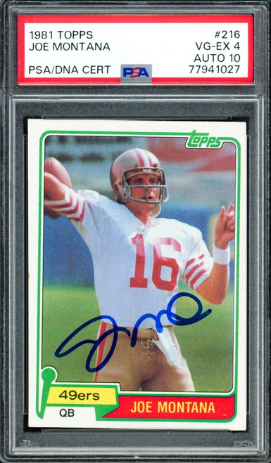 Joe Montana Autographed 1981 Topps Rookie Card #216 San Francisco 49ers PSA 4 Auto Grade Gem Mint 10 PSA/DNA #77941027
