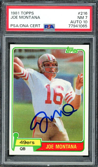 Joe Montana Autographed 1981 Topps Rookie Card #216 San Francisco 49ers PSA 7 Auto Grade Gem Mint 10 PSA/DNA #77941065