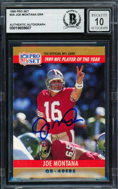 Joe Montana Autographed 1990 Pro Set Card #2 San Francisco 49ers Auto Grade Gem Mint 10 Beckett BAS Stock #261781