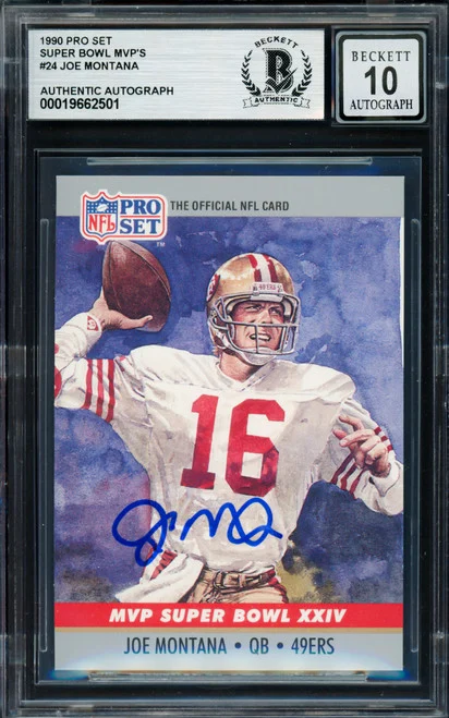 Joe Montana Autographed 1990 Pro Set Card #24 San Francisco 49ers Auto Grade Gem Mint 10 Beckett BAS Stock #261788